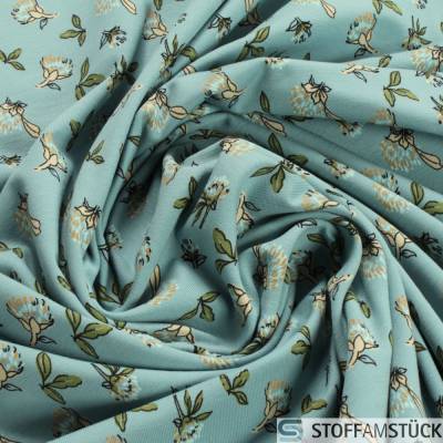 0,5 Meter Stoff Baumwolle Elastan Single Jersey pastell türkis Blume dehnbar weich Blümchen