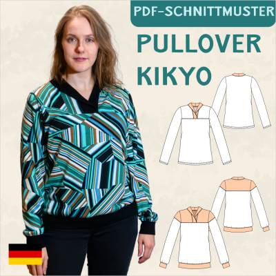 Schnittmuster 'Kikyo' – Pullover mit Wickelkragen & Teilungsnähten (Gr. 34-50), inkl. PDF-Anleitung