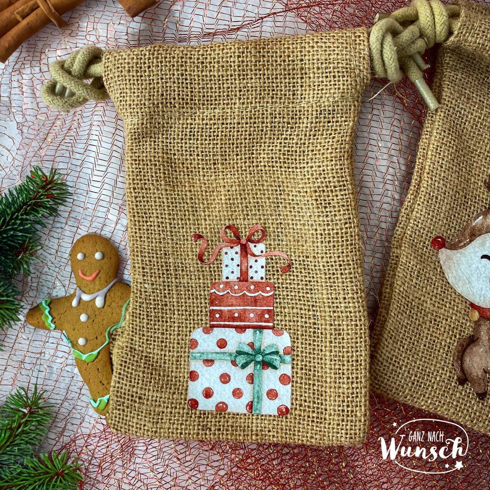 Personalisiertes Geschenksäckchen für Weihnachten, Nikolaus, Geschenkverpackung, Jutebeutel, Jutesäckchen, Geschenkverpa Bild 3