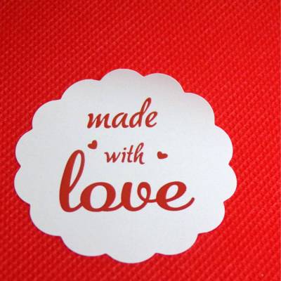18 Runde Handmade with Love Sticker – Selbstklebende Etiketten in Weiß mit roter Schrift, 5 cm