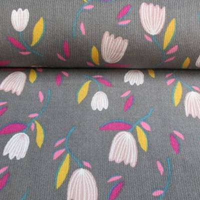 Rest:1,5m x 1,40m  Cord Feincord BlumenTulpen grau(1m/5,-€)