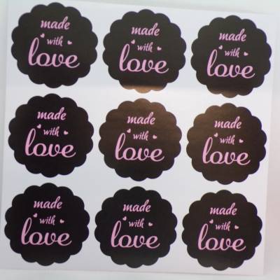 18 Handmade with Love Sticker – Runde Aufkleber & Etiketten, selbstklebend, 5 cm, Schwarz & Rosa