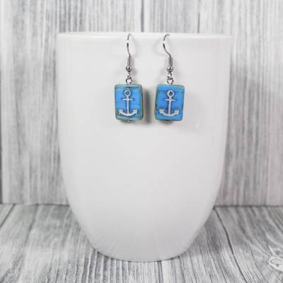Ohrringe Ohrhänger Anker Blau Maritim Glasperle Glas Modeschmuck Schmuck Mode Zeitlos Modern Chic Schick