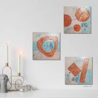 3-teiliges Set Acrylbilder auf MDF Block, zarte Struktur und geometrisch tanzende Formen in Rostbraun, Dekorative Bilder