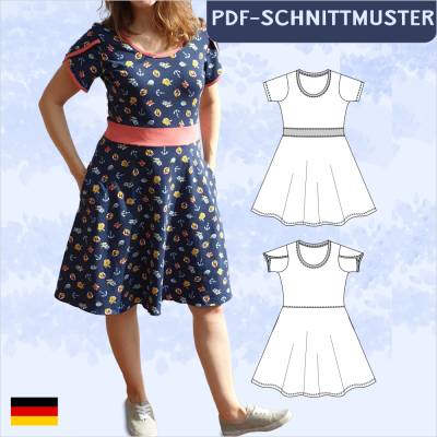 Schnittmuster 'Isa' – Elegantes Jerseykleid mit Glockenrock und Tulpenärmeln, Gr. 34-50
