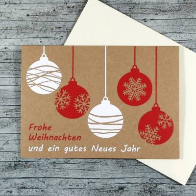 Klappkarte **5Kugeln** von ZWEIFARBIG Kraftpapier Weihnachtswünsche Frohe Weihnachten Grußkarte Kugeln