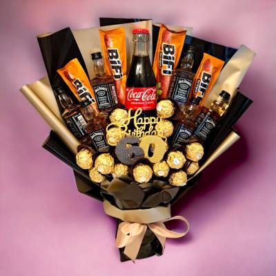 Essbarer Blumenstrauß "Jack Daniel's & Coca-Cola" – Exklusives Geschenkset mit BIFI, Ferrero Rocher & Whisky
