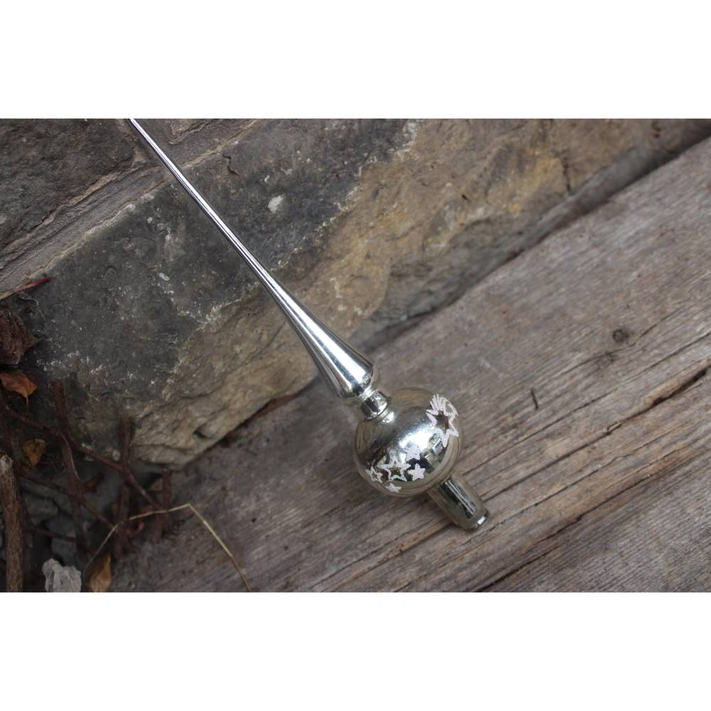 Christbaumspitze silber mit Stern Dekor 27,5 cm Baumspitze mundgeblasen Glas 90er Jahre