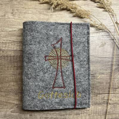 Grau melierte Buchhülle für Gotteslob bestickt mit rotem Kreuz / Schutzumschlag für Gebetsbuch / Kommunion