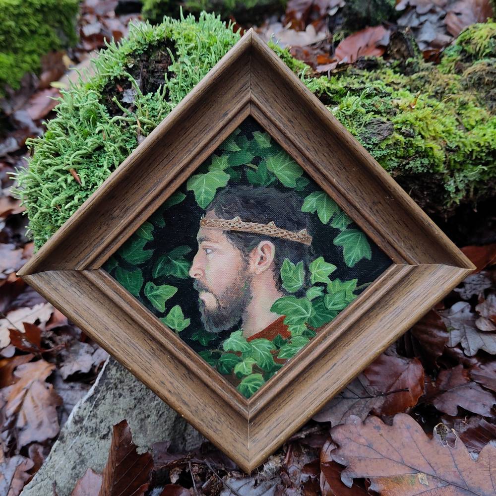 Knig im Efeu, kleines lgemlde inklusive Rahmen, Fantasy Kunst
