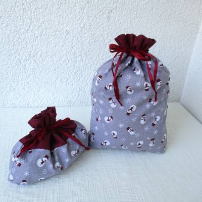 Geschenkbeutel 2er Set Weihnachtsbeutel Nikolaussäckchen mit Schneemannmotiv