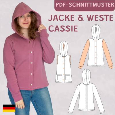 PDF Schnittmuster Jacke und Weste Cassie Jersey Sweat Damen eBook Nähanleitung ärmelloses Oberteil Knopfleiste Jersey Gr