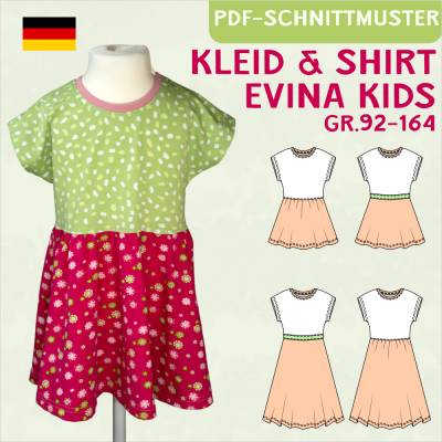 eBook Schnittmuster „Evina“ – Sommerkleid & Shirt für Kinder, Größen 92-164, PDF-Format inkl. Anleitung, Nähen leicht ge