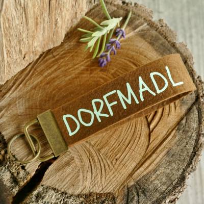 Schlüsselanhänger, Schlüsselband aus Filz mit Aufschrift DORFMADL braun, mintfarben