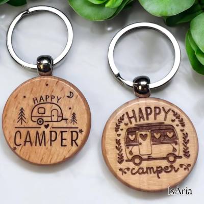 Holz Schlüsselanhänger Happy Camper/ Campingwagen/Wohnwagen/ personalisiert / Lasergravur/Camping
