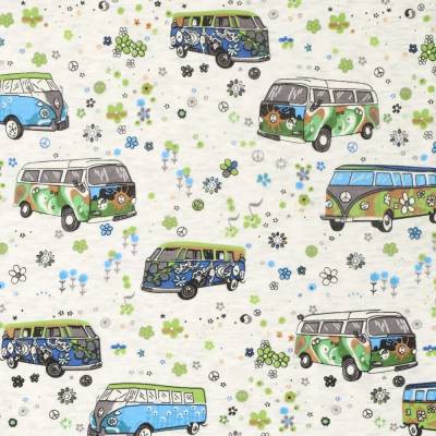 ♕ Alpenfleece Stoff ecru  melange mit Bulli VW-Bus Camper blau 50 x 150 cm  ♕