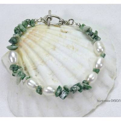 Armband Ohrhänger Moosachat grün Zuchtperlen, Unikat OOAK, handmade by BuntMixxDESIGN ©
