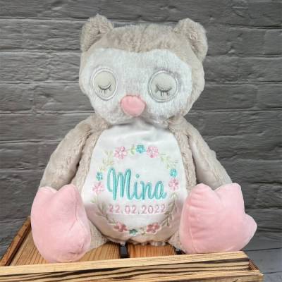 Kuscheltier Eule mit Blumenkranz und Namen bestickt I personalisiertes Stofftier I Geschenkidee Kind Plüschtier 