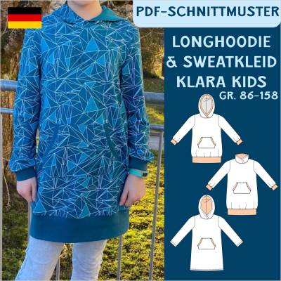 PDF-Schnittmuster „Klara“ – Longhoodie/Sweatkleid für Kinder mit Kapuze oder Wickelkragen (Gr. 86-158)