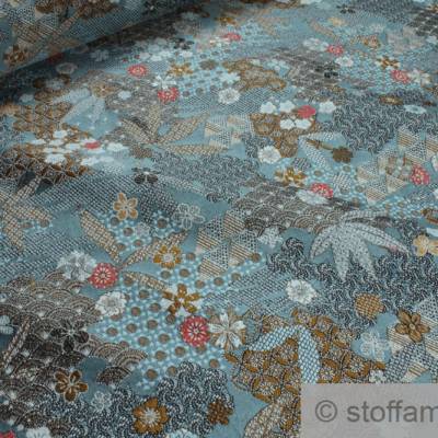 Stoff Polyester Gobelin hellblau Blume Blüte Blatt blickdicht Dekostoff