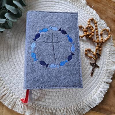 Gotteslobhülle Filz Kommunion 2025 kommt her und esst! personalisierbar Einband Handgemachte Filzhülle Fische blau