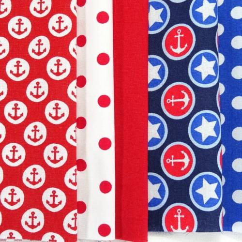 SET 5 Stoffe maritim Stoffmix blau weiß rot Anker Punkte Tupfen Stoffreste Paket DIY Nähen Patchwork Stoffknöpfe Täschch