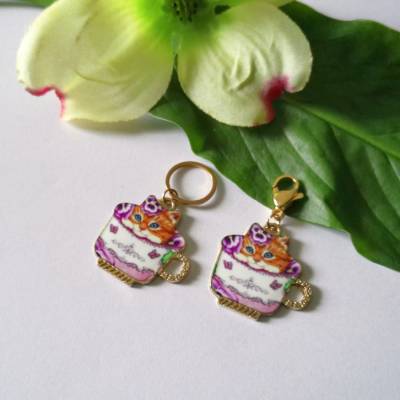 4 Stk. Maschenmarkierer Set, Maschenzähler, in einem Box, Katze, Teetasse mit Metallring oder Karabiner wählbar