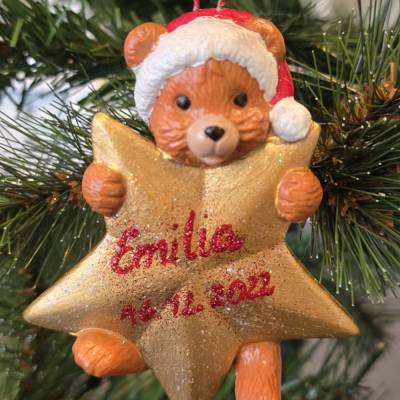 Weihnachtsbaumschmuck - Teddybär mit Stern - Personalisierbar - Keramik -