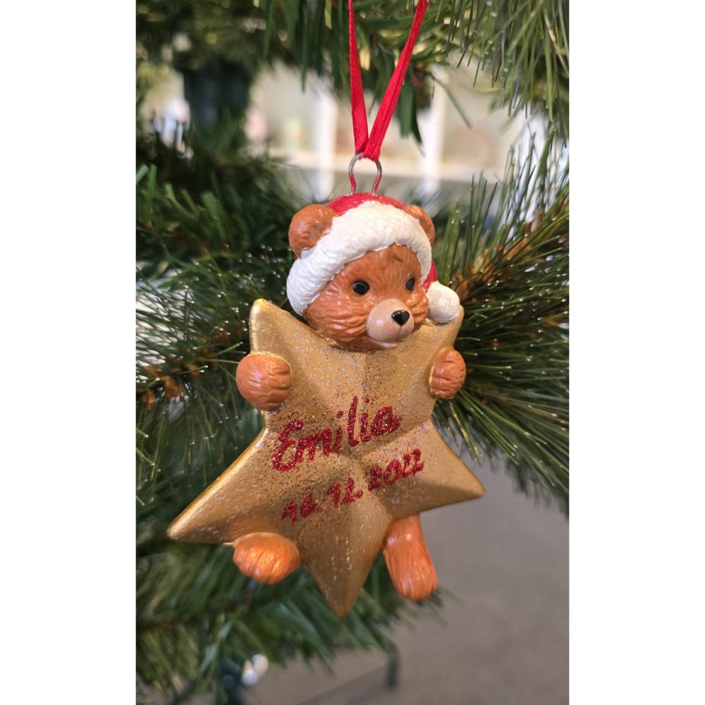 Weihnachtsbaumschmuck - Teddybär mit Stern - Personalisierbar