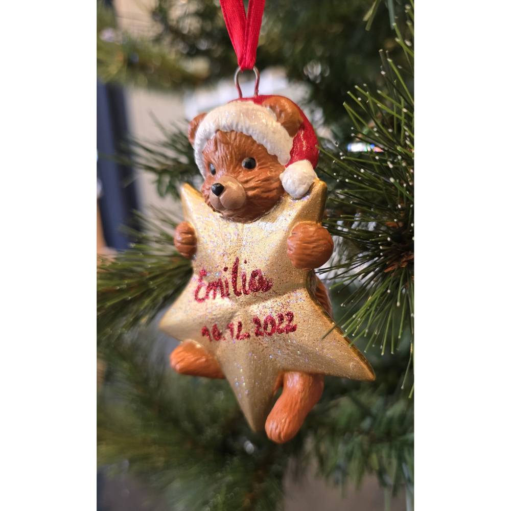 Weihnachtsbaumschmuck - Teddybär mit Stern - Personalisierbar