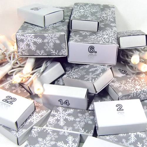 Adventskalender zum Befüllen Mini Schachteln |24 kleine u 2 große Boxen | Zahlen 1-24 | Eiskristall grau wei&