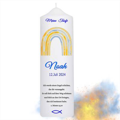 Die "Regenbogen" Taufkerze, strahlend in floralen Farben, ist ein Geschenk sowohl für Jungen als auch für Mädchen.