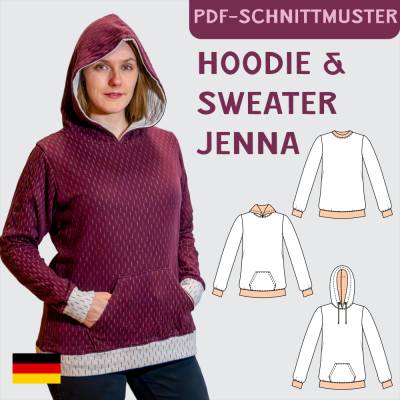 Schnittmuster „Jenna“ – Bequemer Hoodie/Pullover mit Kapuze, Kragen, Größen 34-50, PDF eBook