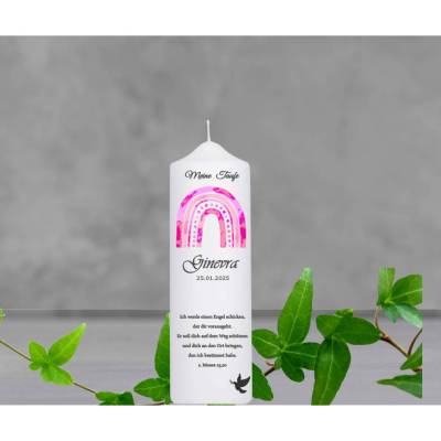 Die Taufkerze 'Regenbogen mit brillanten floralen Farben' in Altrosa ist ein einzigartiges Taufgeschenk,  