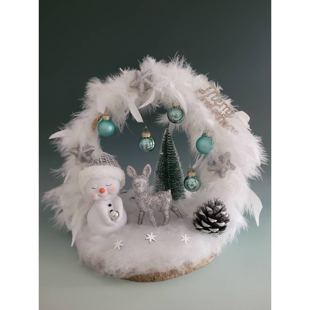 Weihnachten Schneemann mit Reh Eisblau Silber Deko Unikat Geschenk