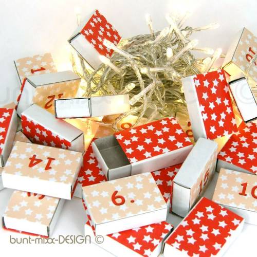 Adventskalender zum Befüllen Sterne Sternchen rot weiß Kraftpapier Mini-Schachteln 24x Schiebeschachtel