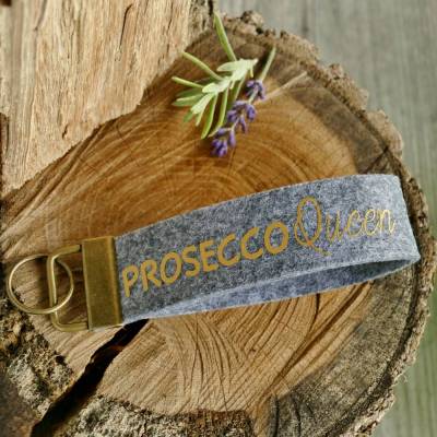 Schlüsselanhänger, Schlüsselband aus Filz mit Aufschrift Prosecco Queen, mittelgrau, gold
