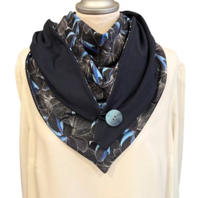 Dreieckstuch mit Knopf  mit Blüten in blau schwarz für Damen - Wendetuch