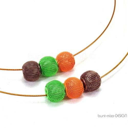 Halsreif kupfer-gold-farben 3 Netzperlen grün orange braun, Herbst Herbstfarben Blätter. Geschenk Idee für Frauen Weihna