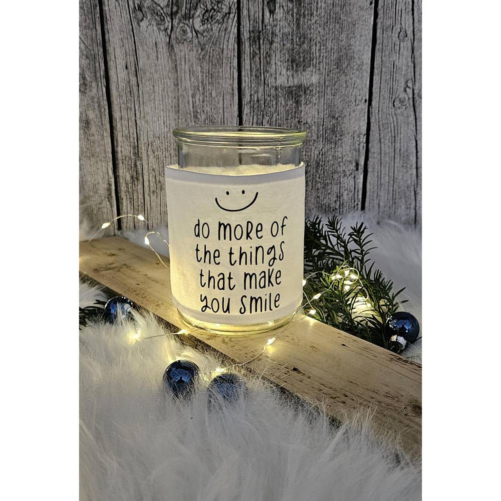 Windlicht I Laterne I Glas mit Banderole aus Stoff I Motiv Spruch