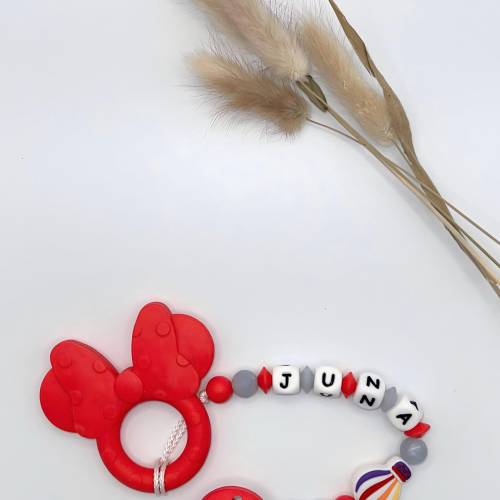 Beißkette Rot Minnie – personalisiert – Silikon Herz – Geschenk zur Geburt – handgemacht