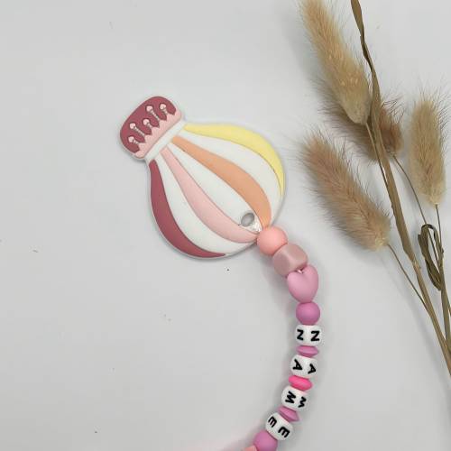 Schnullerkette Boho – Heißluftballon – Rosa Altrosa Senf – mit Namen – Silikon – handgemacht