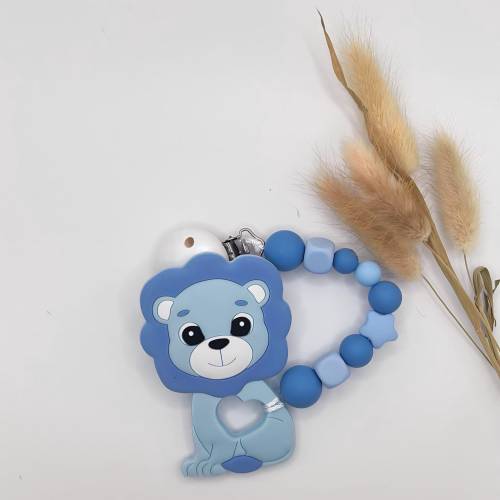 Beißkette Löwe – personalisiert – Blau Weiß – Silikon Tiermotiv – handgemacht
