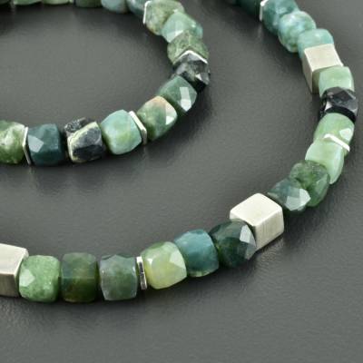 Edelsteinkette aus Moosachat und 925er Silber, Würfelkette in grün, facettierte Perlen natürlich, Geschenk Freundin