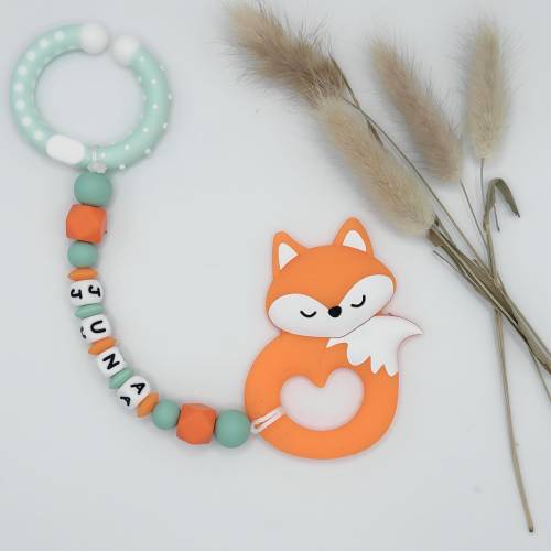 Beißkette Fuchs – personalisiert mit Namen – Mint Orange – Silikon – handgemacht
