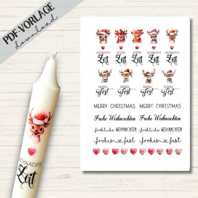 Kerzensticker PDF Datei A4 "Rentierliebe Weihnachten" | Kerzentattoos Download