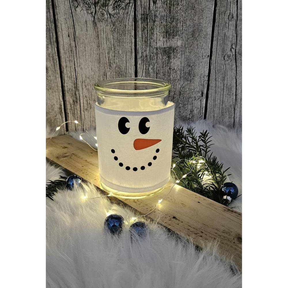 Windlicht I Laterne I Glas mit Banderole aus Stoff I Motiv Schneemann