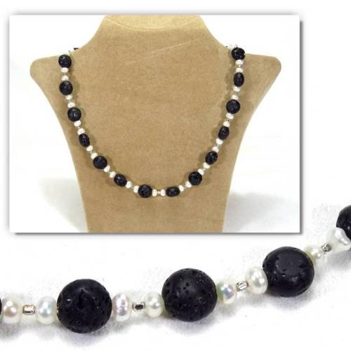 Kette Collier Unikat Lava Süßwasser Zuchtperlen, 925-Silber Sterlingsilber,OOAK, by BuntMixxDESIGN ©