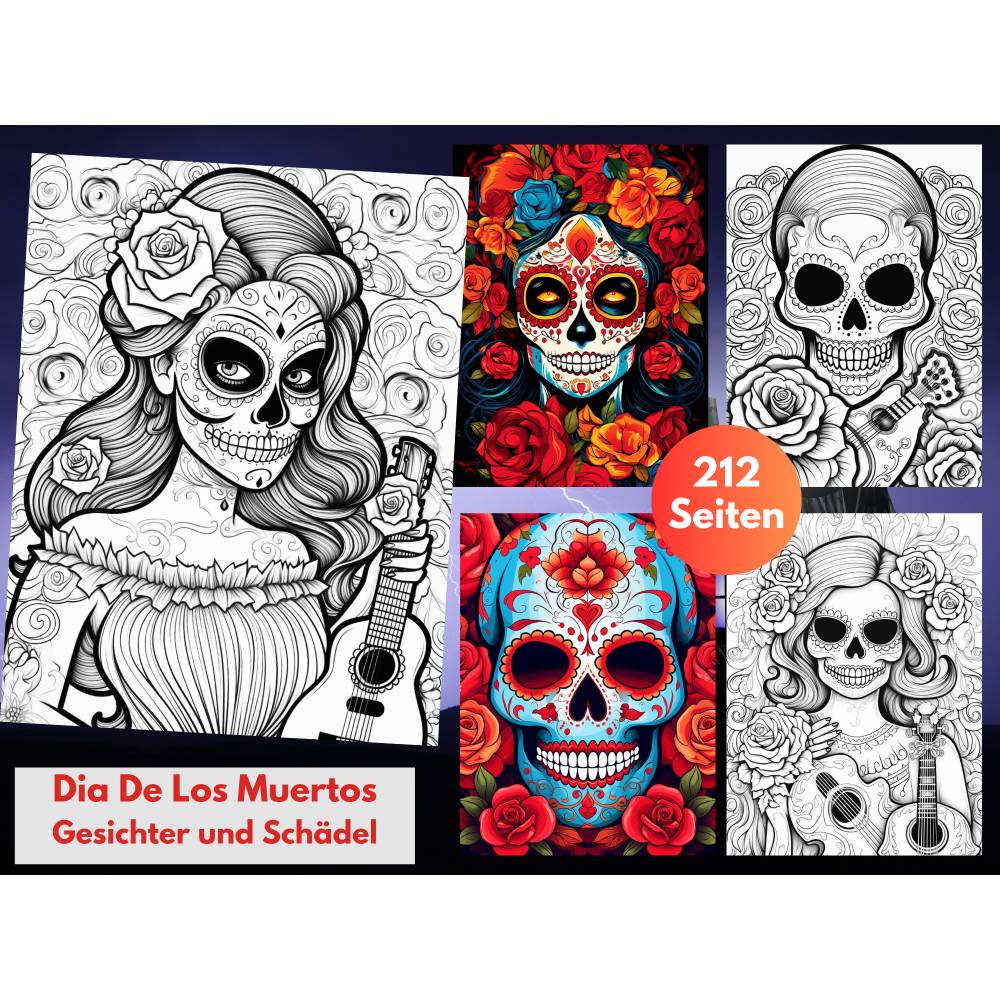 212 Dia De Los Muertos Malbuch Schädel und Frauen zum ausdrucken PDF digital Bild 1