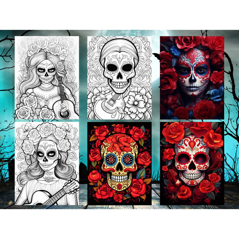 212 Dia De Los Muertos Malbuch Schädel und Frauen zum ausdrucken PDF digital Bild 2